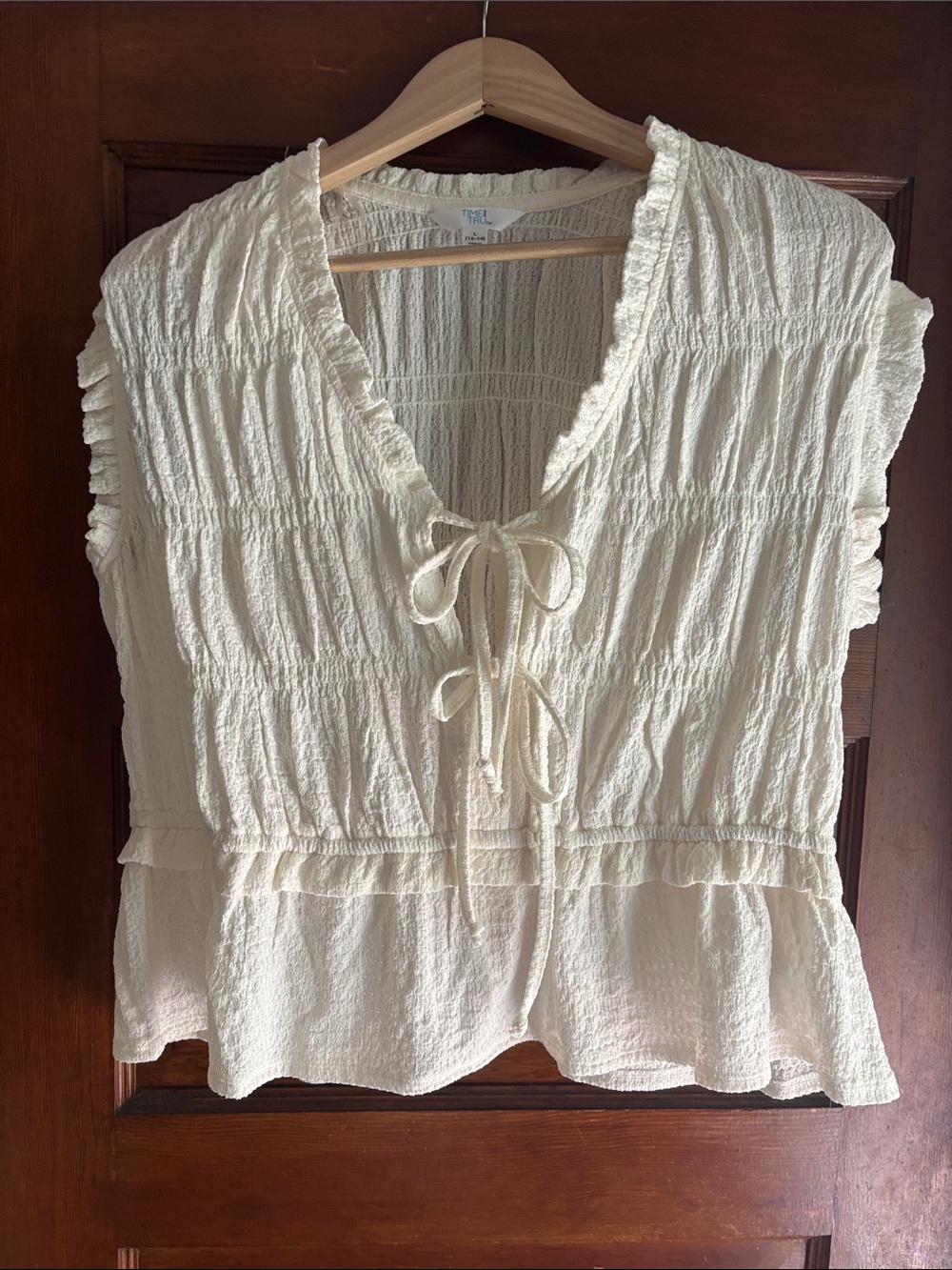 Time and Tru Cream Ruffled Tie-Front Peasant Blouse